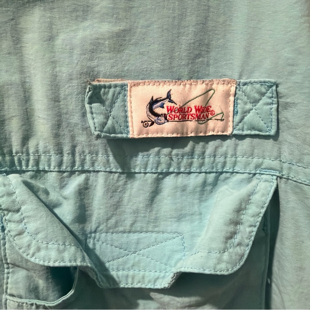 Vintage World Wide Sportsman Vented Men's Aqua Short Sleeve Shirt XL fishing